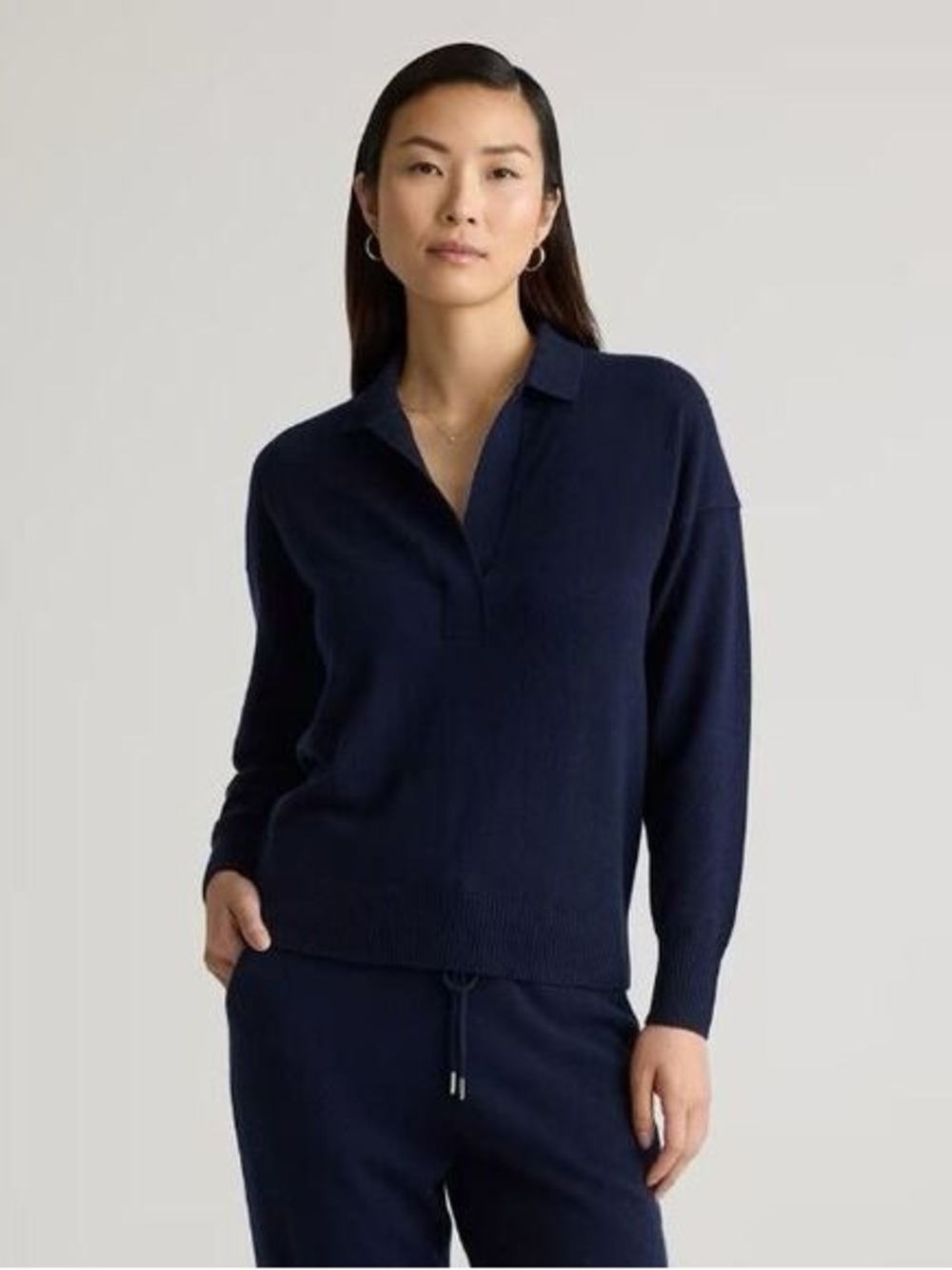 Quince Mongolian Cashmere Polo Sweater True Navy Blue V-Neck Long Sleeve Large